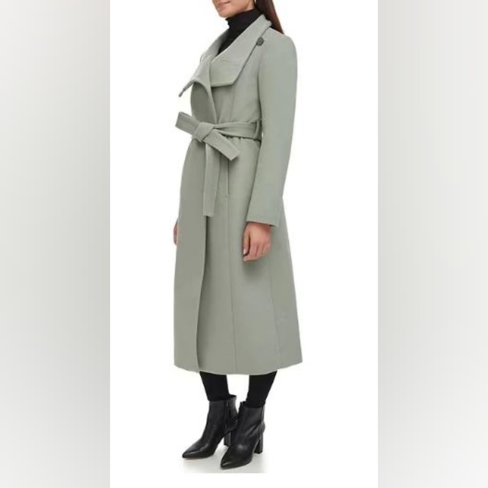 KENNETH COLE Convertible Collar Wool Blend Belted Maxi Coat Sage Color in Size 4